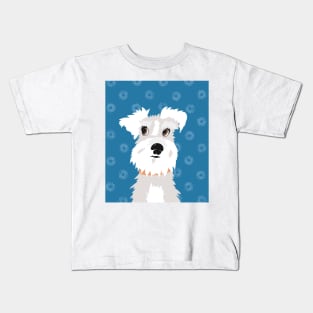 White Miniature Schnauzer Dog with Blue Daisies Kids T-Shirt